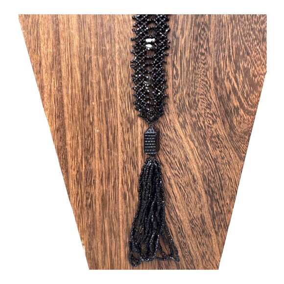 Handmade Black Beaded Necklace Tassel Vintage Antique Flapper Formal Art Deco - Picture 2 of 6